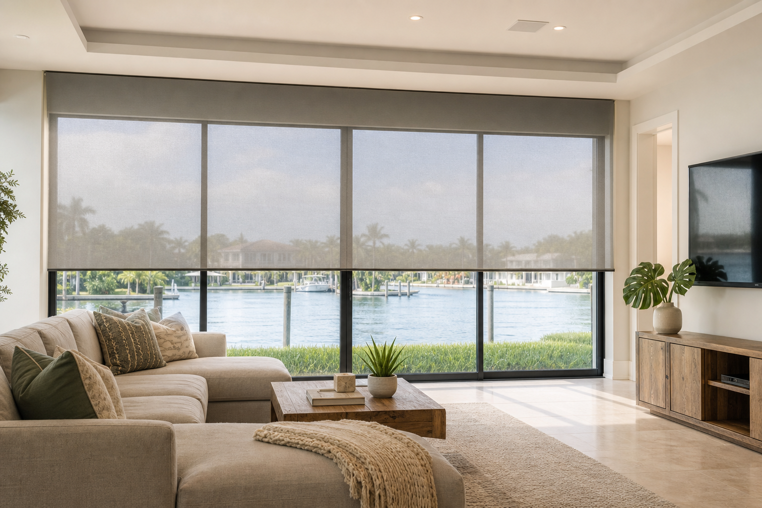 Modern South Florida living room with solar shades covering large windows and filtered sunlight entering the space