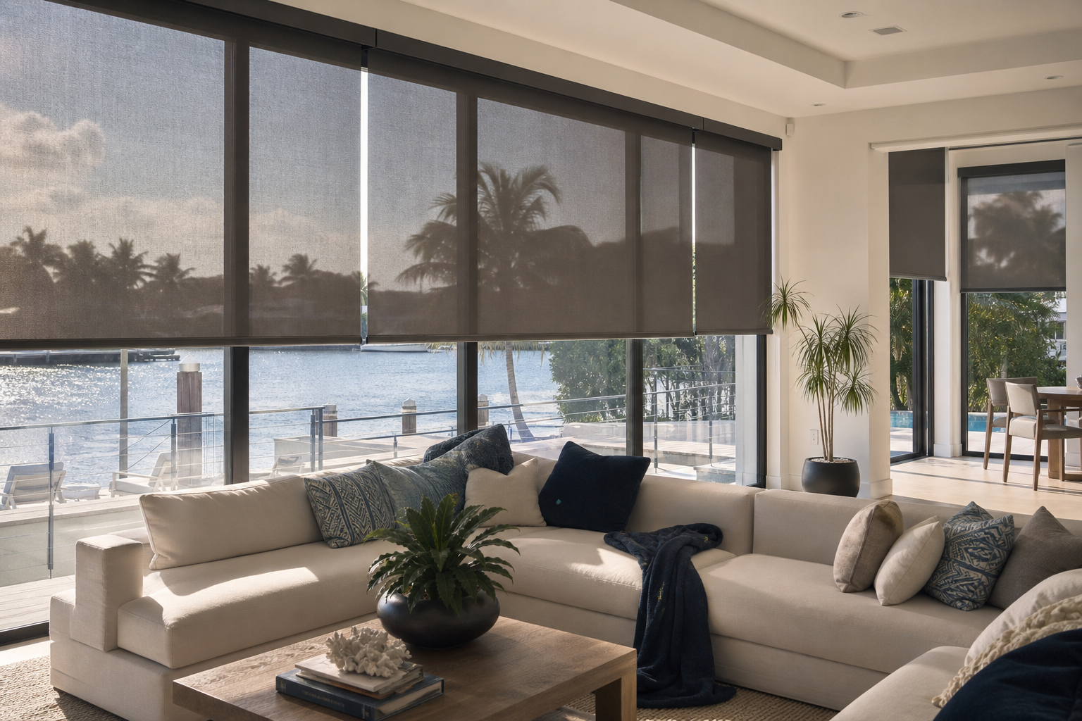 Custom solar shades filtering bright sunlight across large windows in a modern South Florida living room