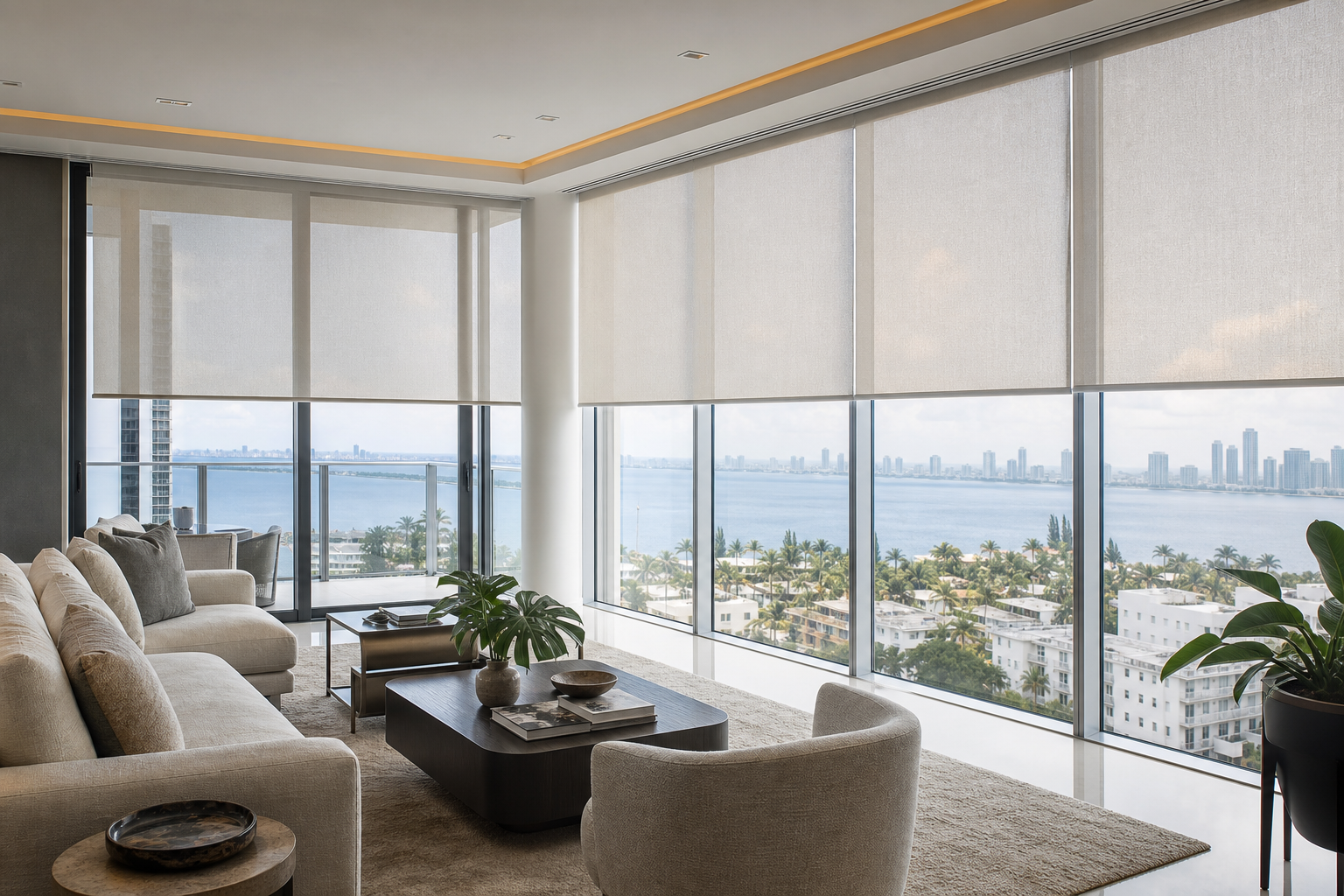 Modern Miami luxury condo living room with custom shades covering floor-to-ceiling windows