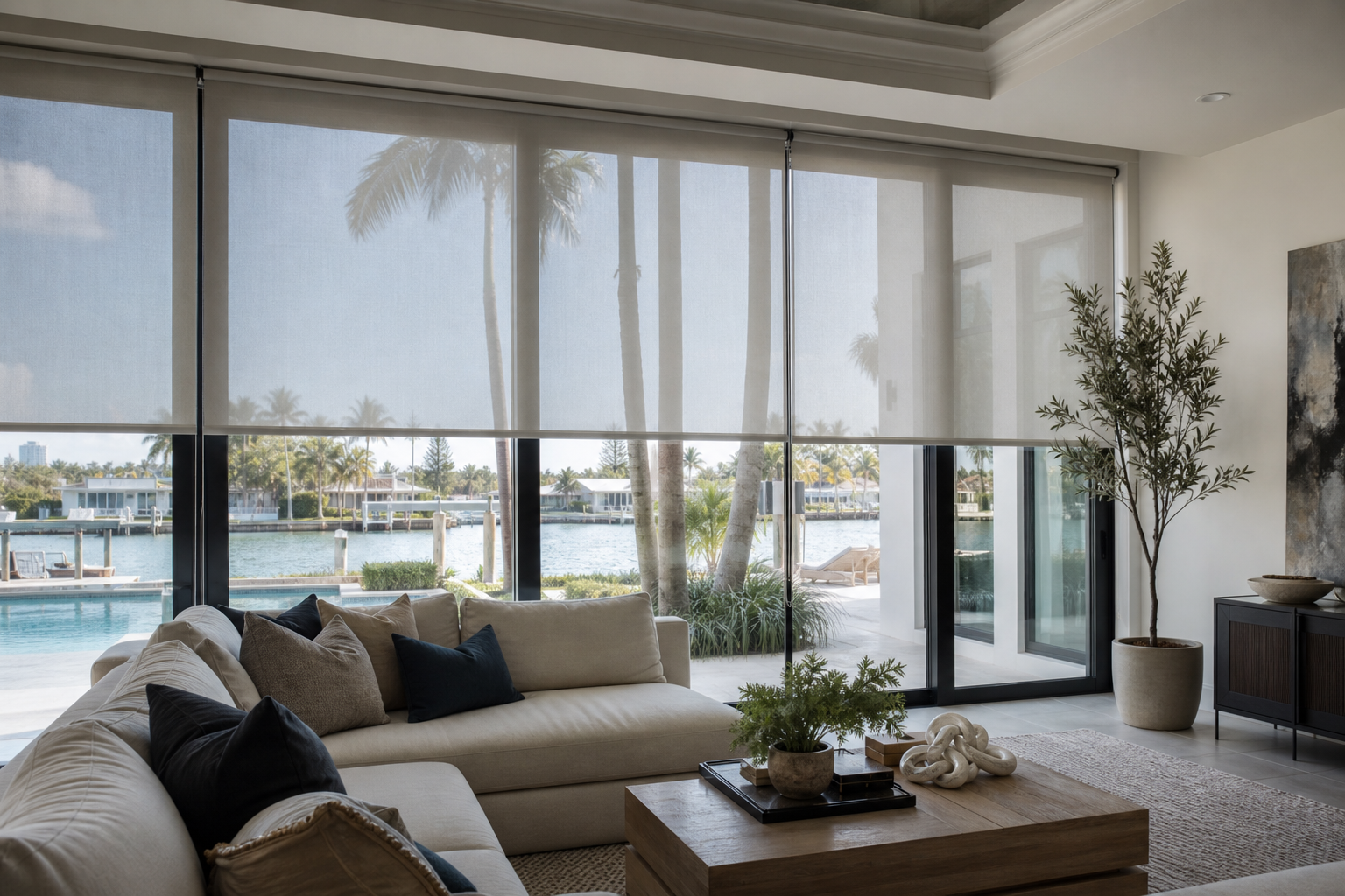 Custom solar and roller shades covering large windows in a bright South Florida living room