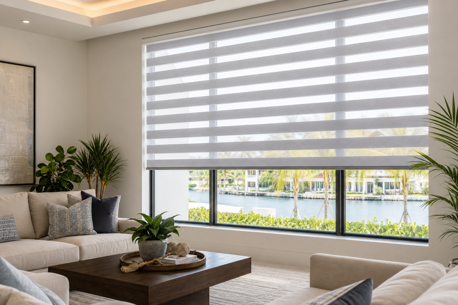 Zebra shades covering a bright South Florida living room window with adjustable bands for privacy and light control
