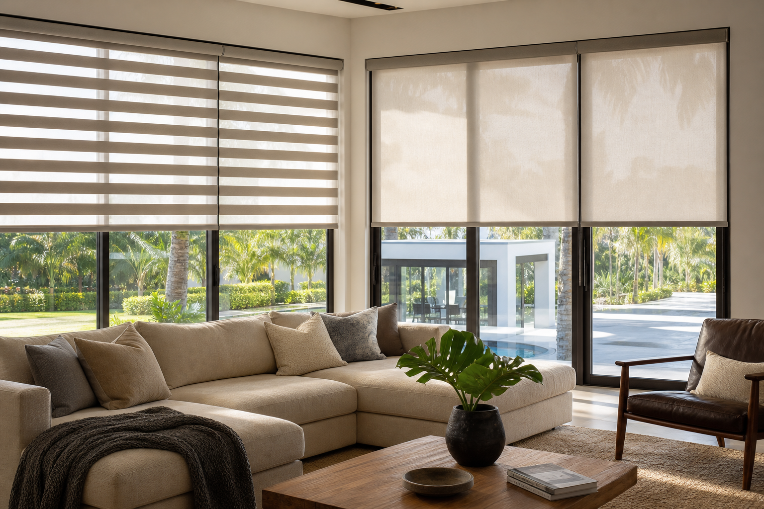Modern Pinecrest living room with zebra and roller shade options covering large sunlit windows